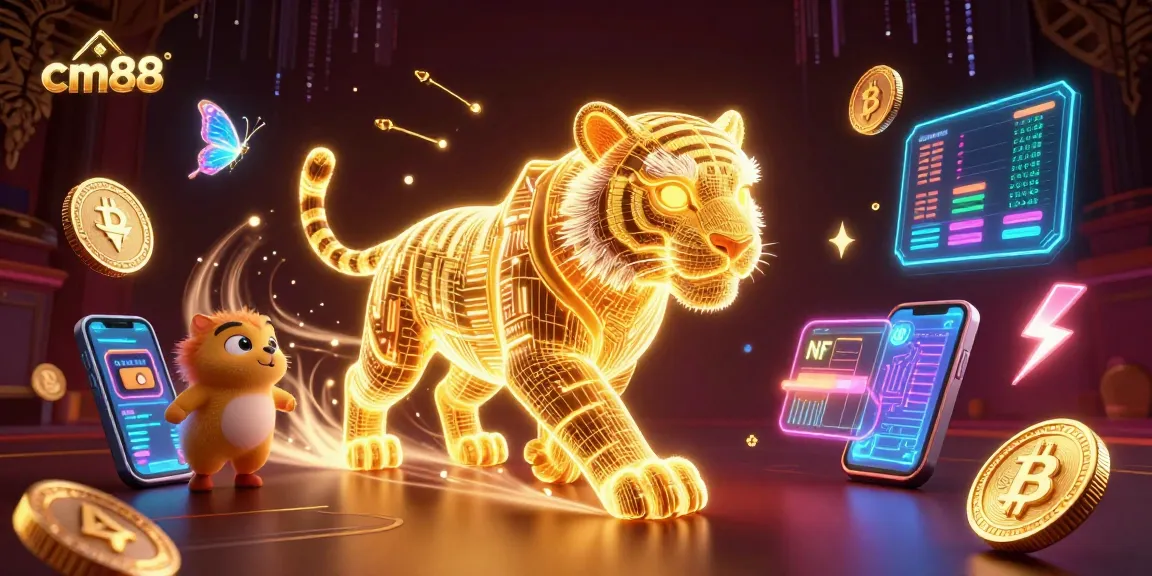 Experience thrilling gameplay at cm88 with a neon-wireframe tiger amid vibrant digital casino elements.