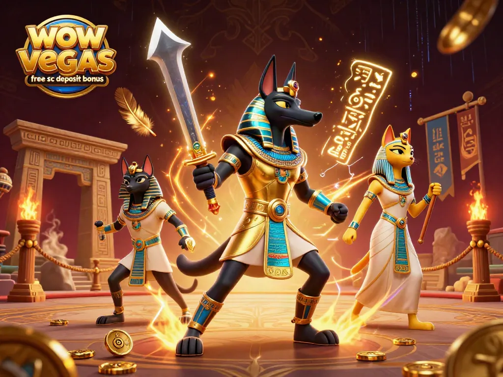 Win with wow vegas free sc no deposit bonus in this vibrant 3D casino scene featuring Anubis and Bastet.