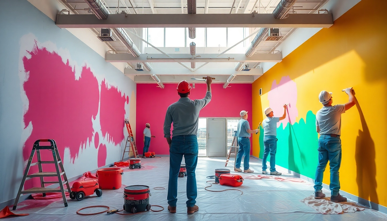 Skilled team performing a commercial painting service, brightening a business space with fresh colors.