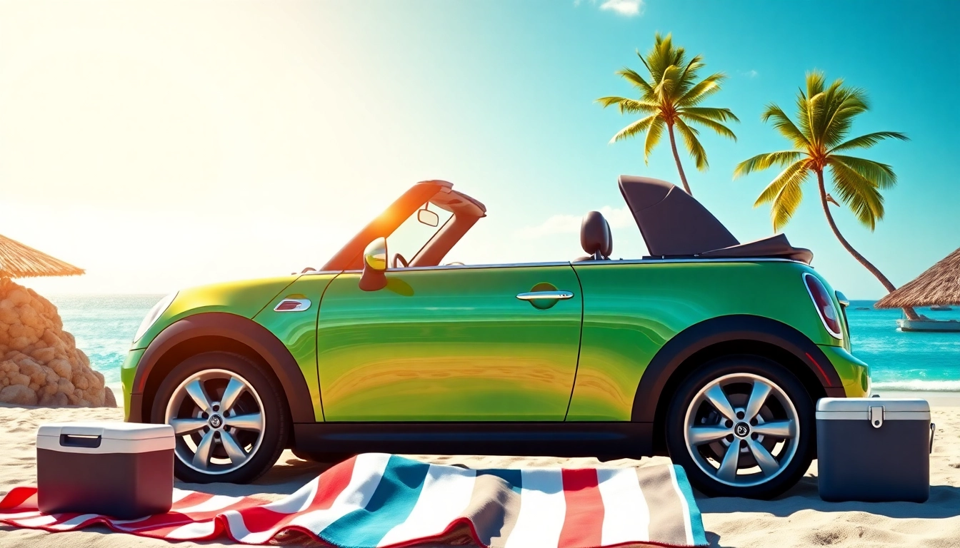 Rent mini cooper st barths in a sunny beach setting with palm trees and a vibrant turquoise sea.