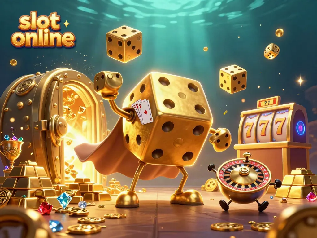 Engaging scene of a golden dice golem and roulette ball rolling in a vibrant casino environment, showcasing slot online excitement.