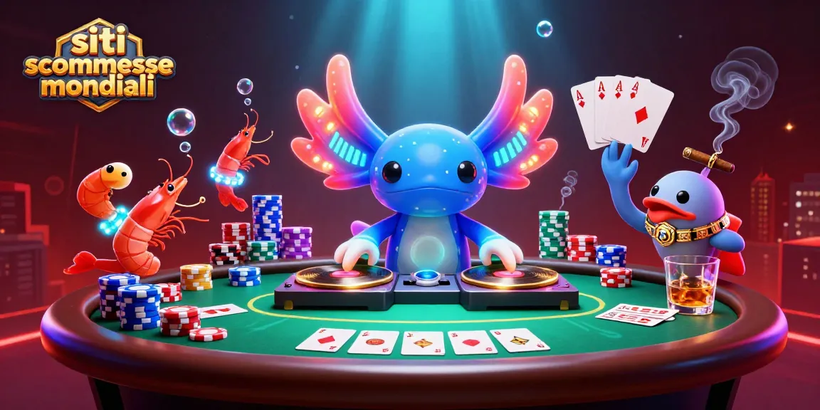 Scommetti sui siti scommesse mondiali con un DJ axolotl neon e un'atmosfera festosa di casinò.