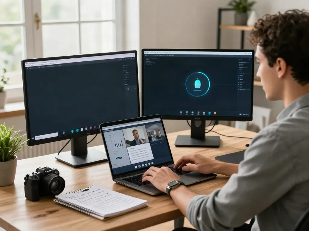 Deepfake protected Online Video Calls in a secure home office setup with encryption software.