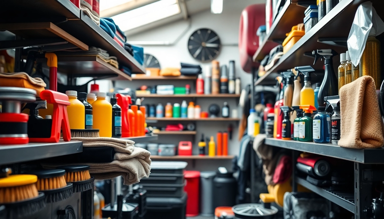 Showcasing car detailing products in Canada arranged neatly in a professional workshop.