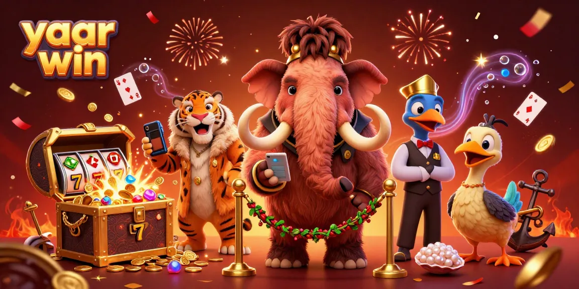 Join the excitement with yaar win, featuring a woolly mammoth bouncer at a vibrant casino entrance.