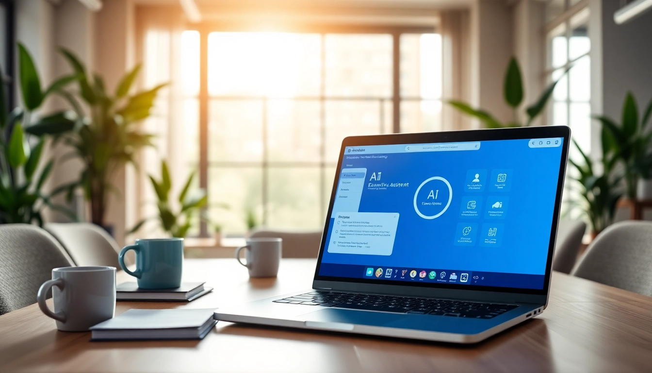 Utilizing AI executive assistant free on a laptop at a bright workspace with modern design.