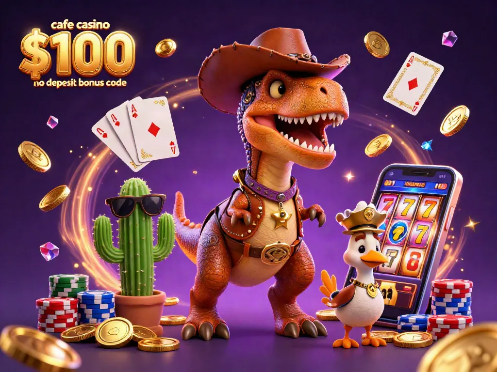 Engage with a vibrant scene featuring cafe casino $100 no deposit bonus code, celebrating action-packed gaming with T-Rex characters and casino elements.