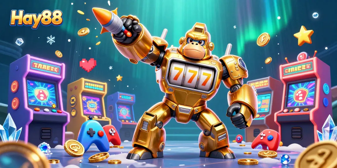 Experience thrilling gameplay at Hay88 with an explosive golden gorilla mech surrounded by vibrant arcade elements!