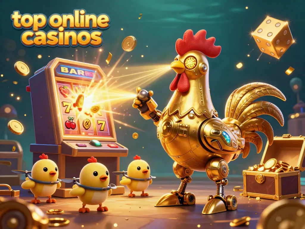 Experience excitement at top online casinos with a golden rooster robot amidst gambling elements.