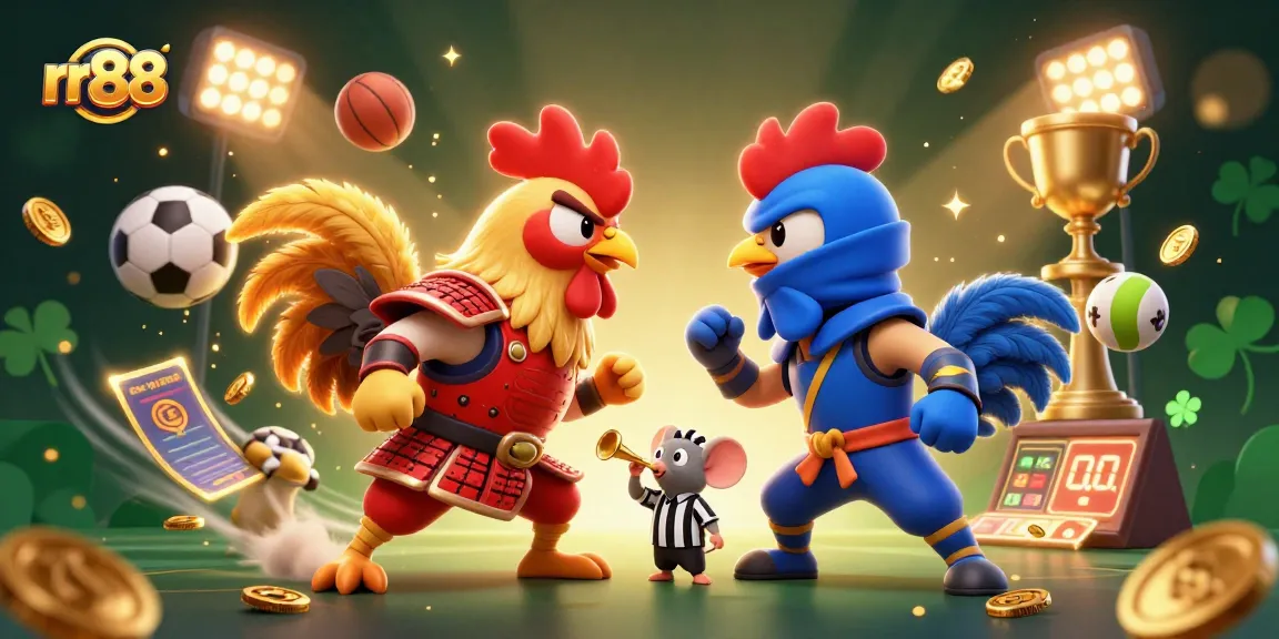 Join the thrilling showdown at rr88 with fighting roosters, vibrant sports elements, and dynamic betting action!