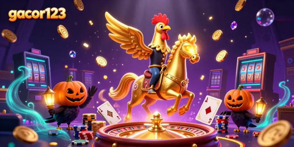 Experience winning excitement at gacor123 in a vibrant casino scene with golden coins and colorful elements.