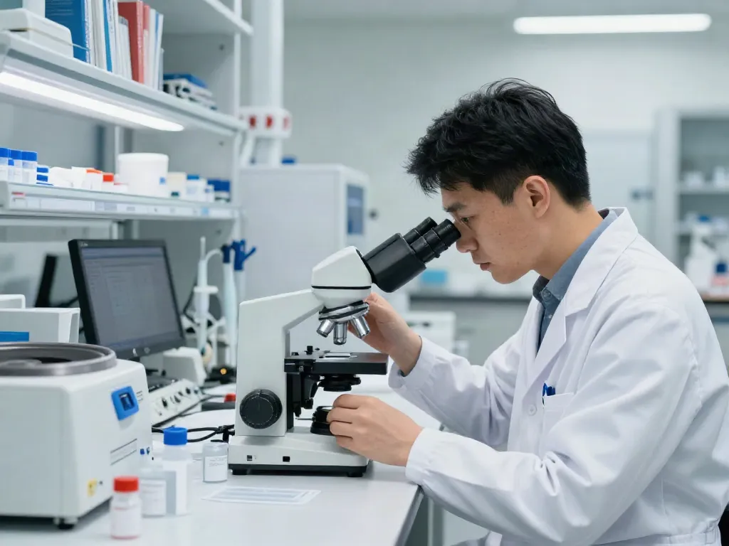 Scientist analyzing tesamoralin samples in a modern lab setting.