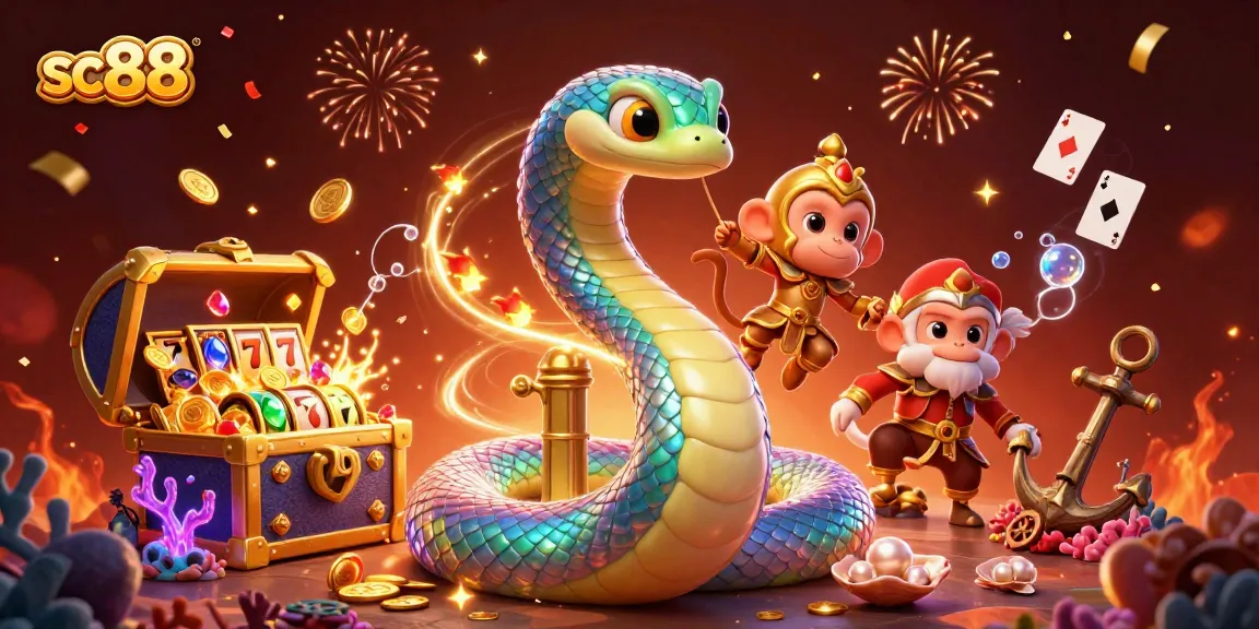 Engage with sc88's vibrant casino world featuring a playful monkey king and a colorful serpent.
