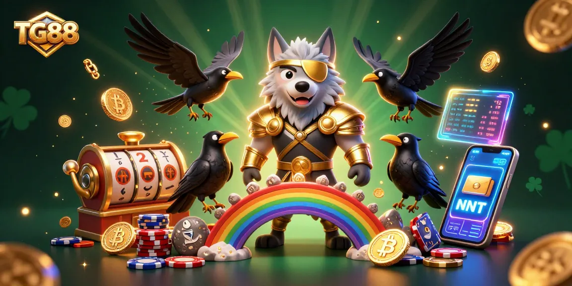 Engage in thrilling adventures at TG88's vibrant casino with 3D Norse-inspired characters and neon crypto elements.