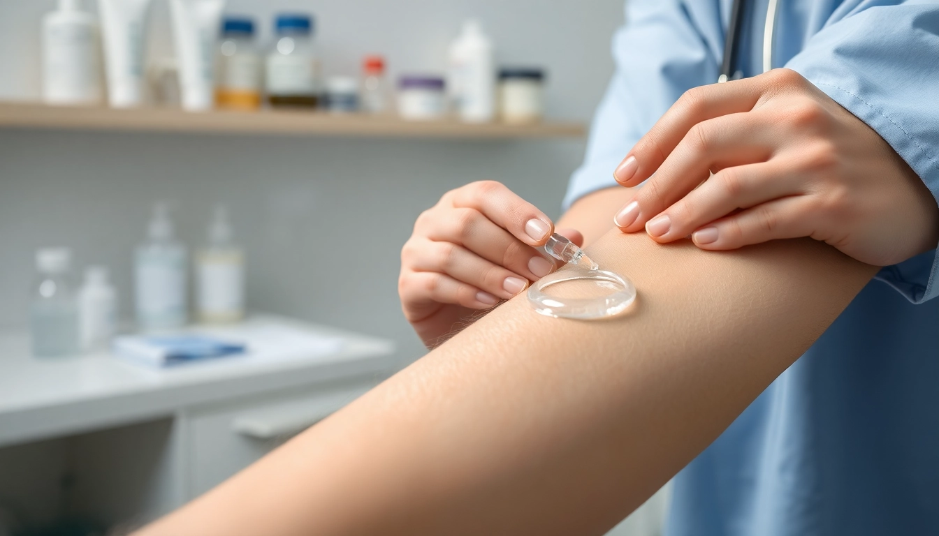 Apply DMSO gel for humans on a patient's skin for pain relief in a clinical setting.