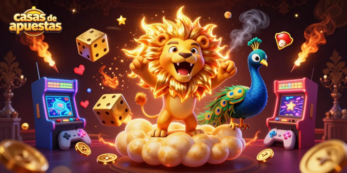 Apuesta en casas de apuestas con un león y dados dorados en un ambiente de videojuego colorido.