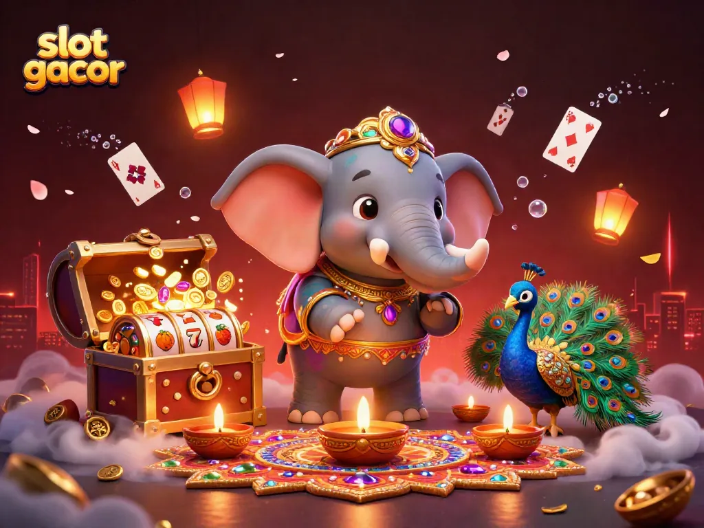 Menyajikan slot gacor di ilustrasi dengan gajah bertema Diwali dikelilingi koin emas dan simbol buah