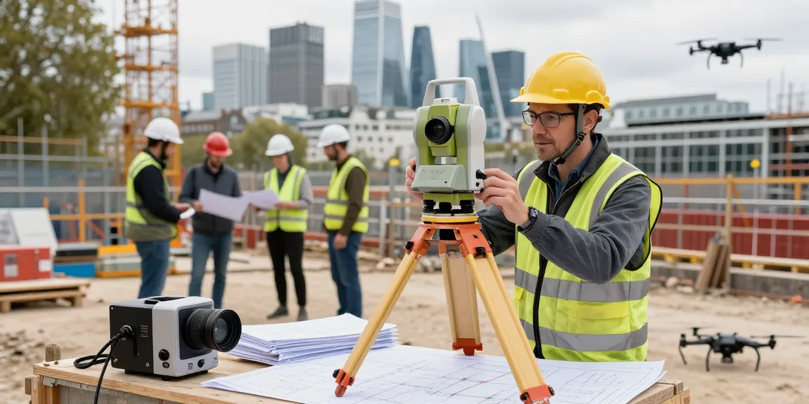 Land surveyors London using advanced technology on a construction site.