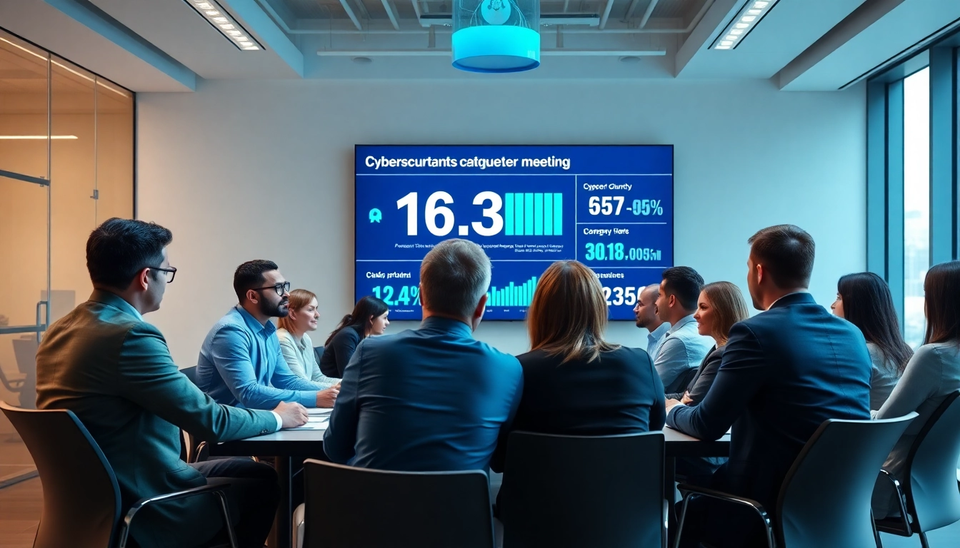 Team discussing cyber essentials plus strategies in a modern office setting.