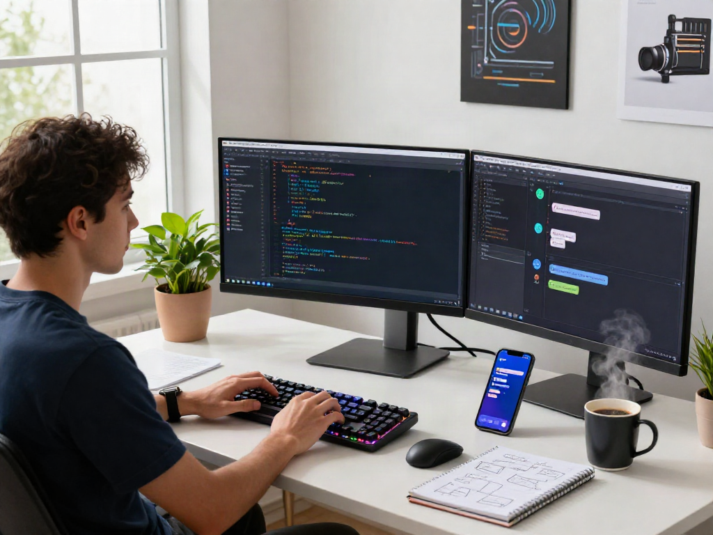 Developer coding an nsfw chat bot in a modern workspace with multiple monitors.