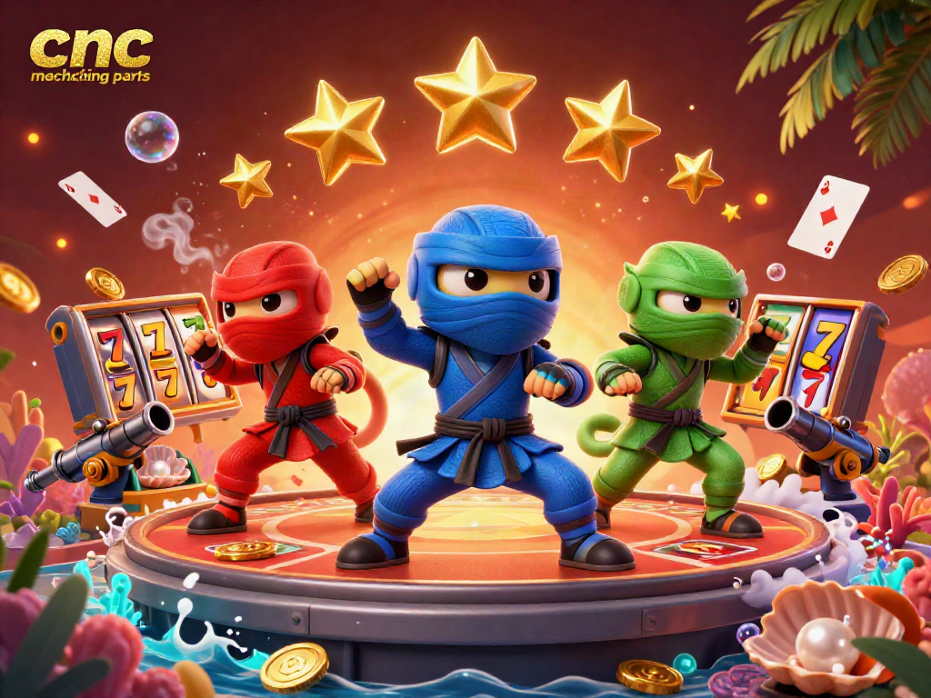 Engaging scene with cnc machining parts showcased as 3D cartoon ninja chameleons performing casino martial arts.