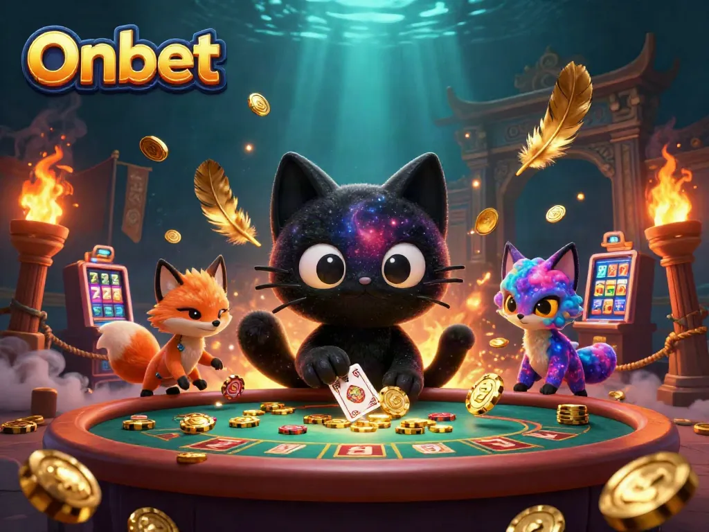 Engage with Onbet's vibrant cosmic casino, featuring a black hole cat amidst swirling golden chips and captivating colors.
