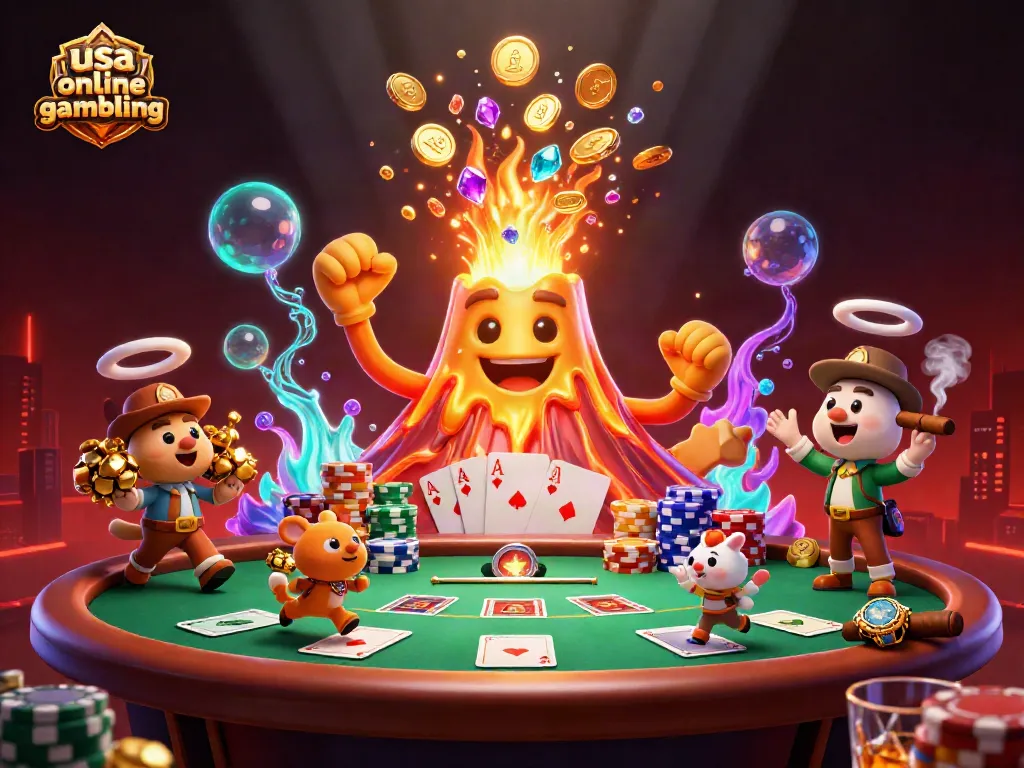Experience thrilling usa online gambling with a triumphant volcano erupting coins amidst explorer animals.