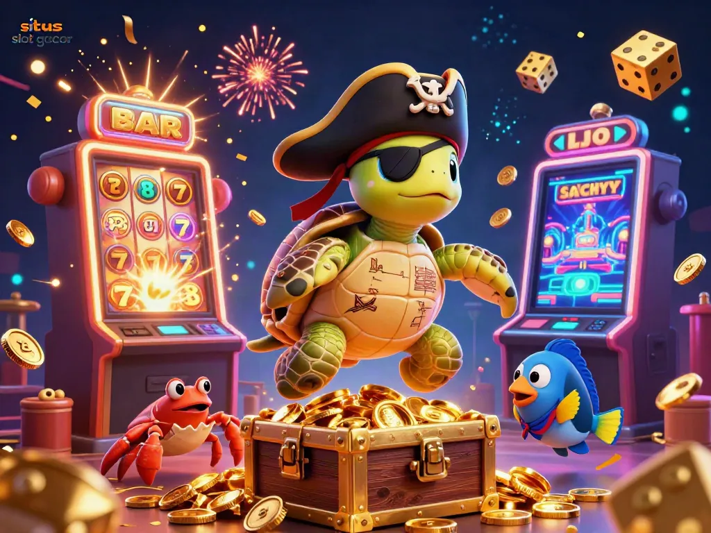 Engage in thrilling action at situs slot gacor with iconic game symbols and vibrant characters surrounded by treasure.