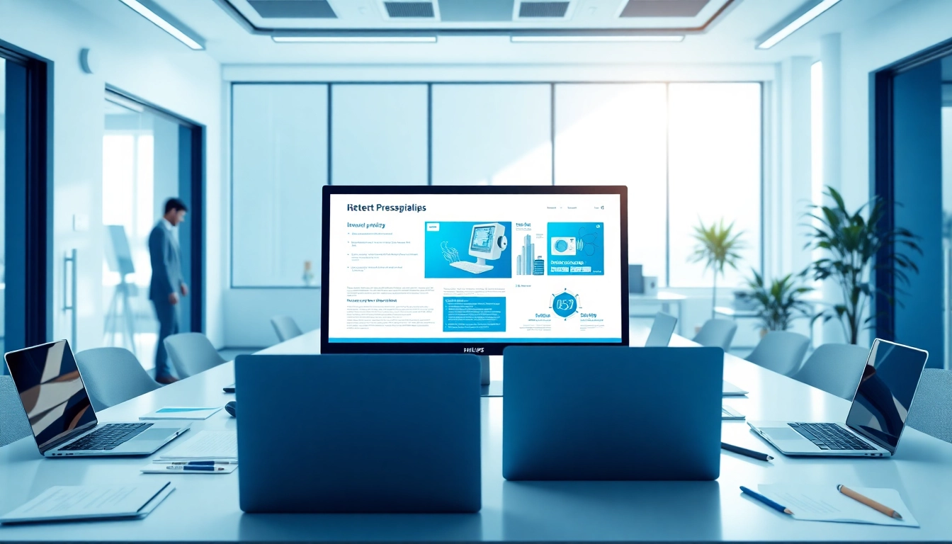 Highlighting Philips News through a modern office setting with digital press releases and innovative technology.