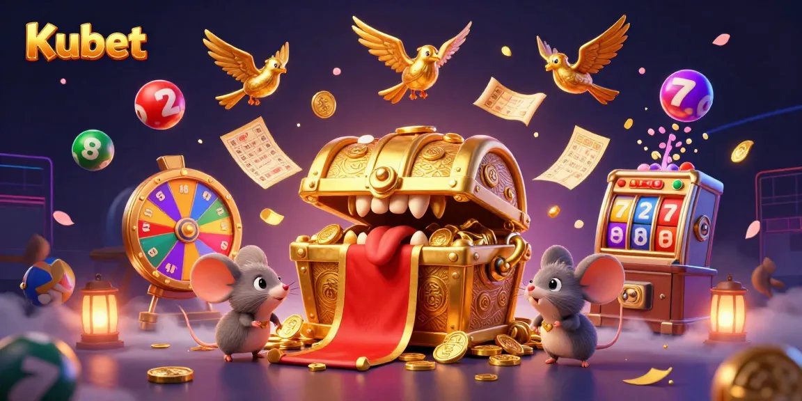 Kubet showcases a vibrant 3D scene featuring a treasure chest and adventurer mice surrounded by lottery elements, invigorating your gaming spirit.