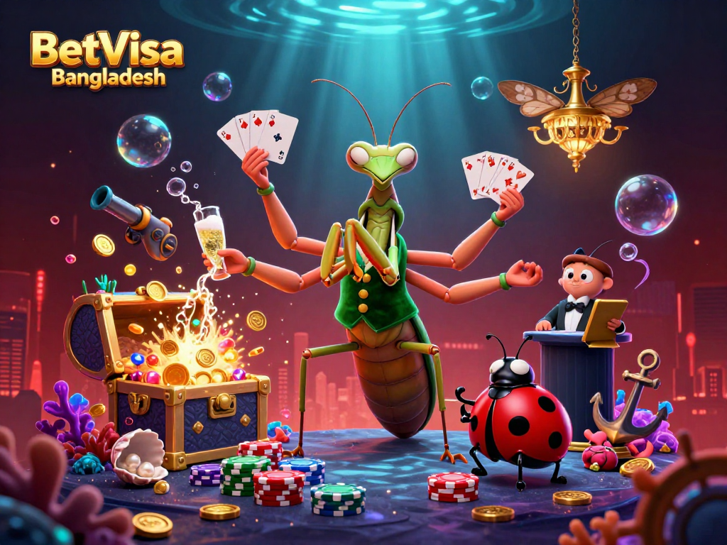 Join the excitement at BetVisa Bangladesh with a dynamic scene of a card sharp, ladybug pit boss, and vibrant casino elements.