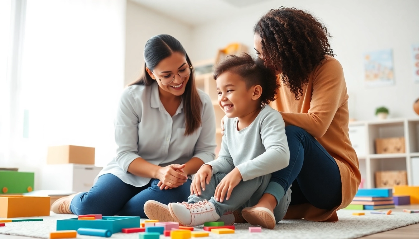 ABA therapy session where a caring therapist engages a child in a colorful environment.