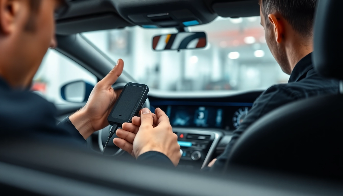 Install Insurance approved trackers in a modern car, showcasing advanced technology.