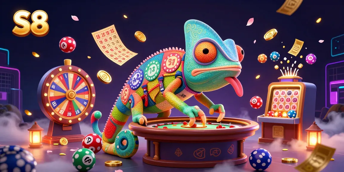 S8 casino owner chameleon collects golden coins while vibrant game elements fill the scene
