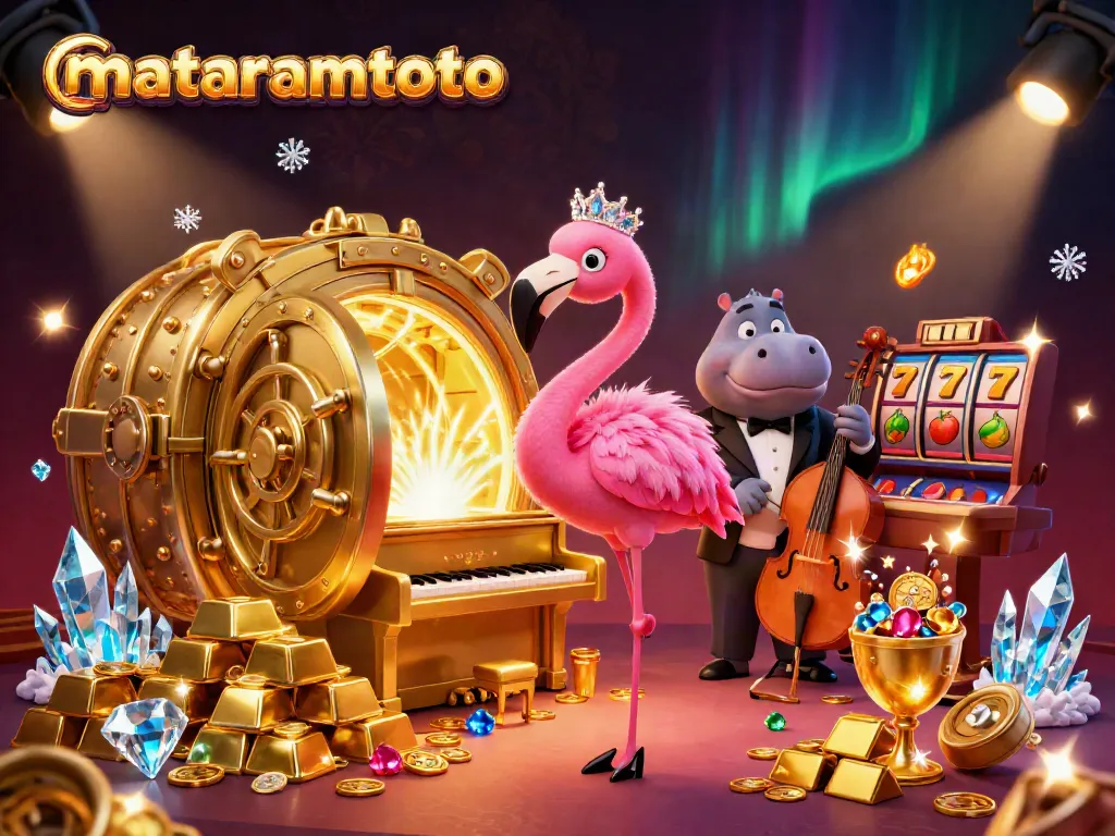 Engage with games at mataramtoto featuring vibrant characters and slot elements in a lively casino scene.