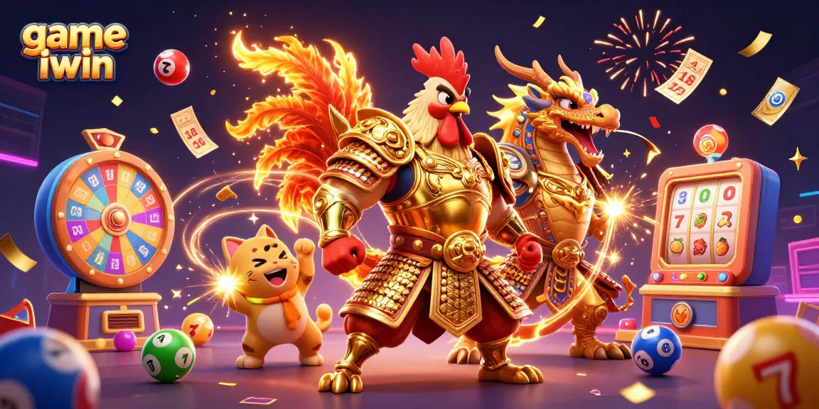 Join the thrilling game iwin experience with cartoon warriors, colorful lottery elements, and vibrant casino action.