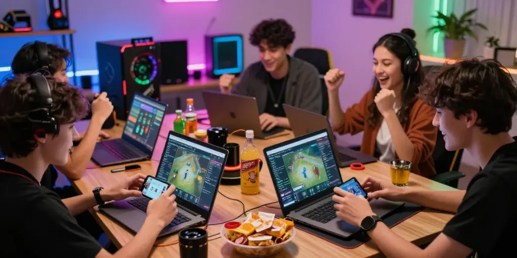 Friends gaming on BOS88 platform with live updates and colorful LED lights, creating a vibrant atmosphere.