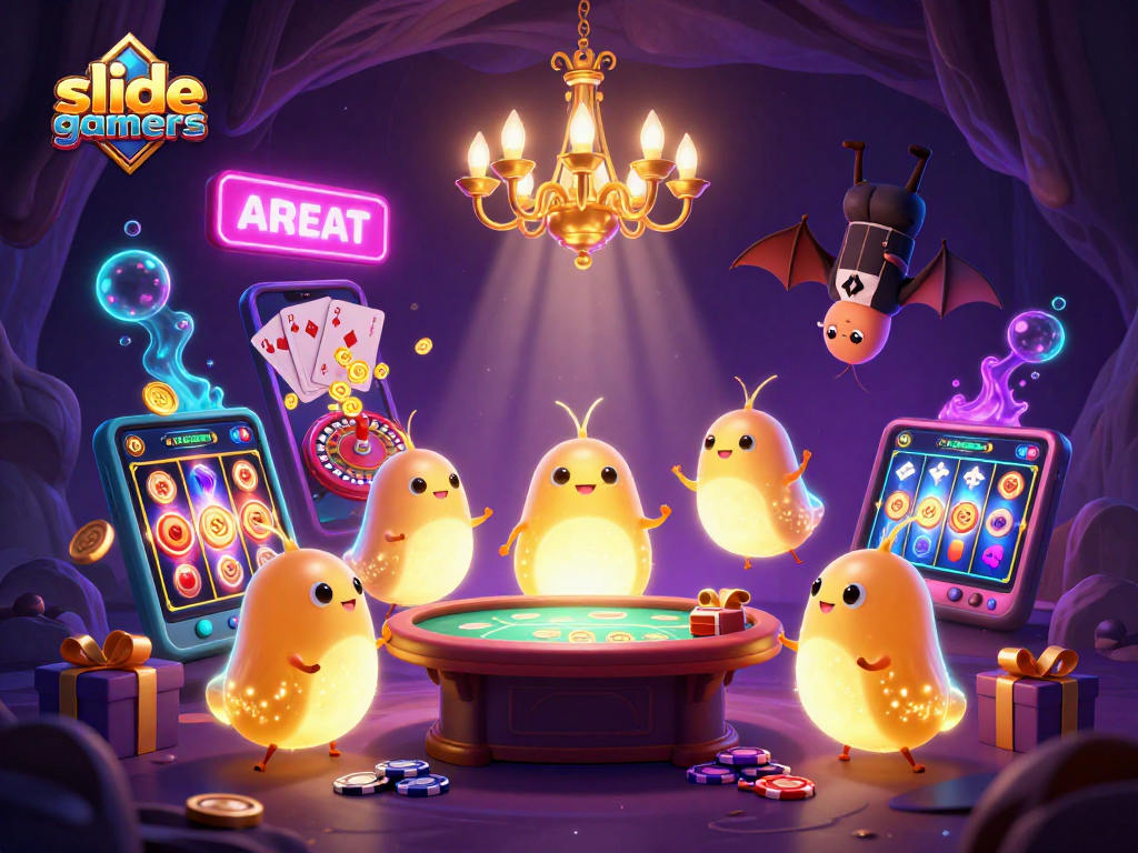 Experience thrilling adventures with slidegamers in a vibrant cave casino featuring glowworms and exciting game elements.