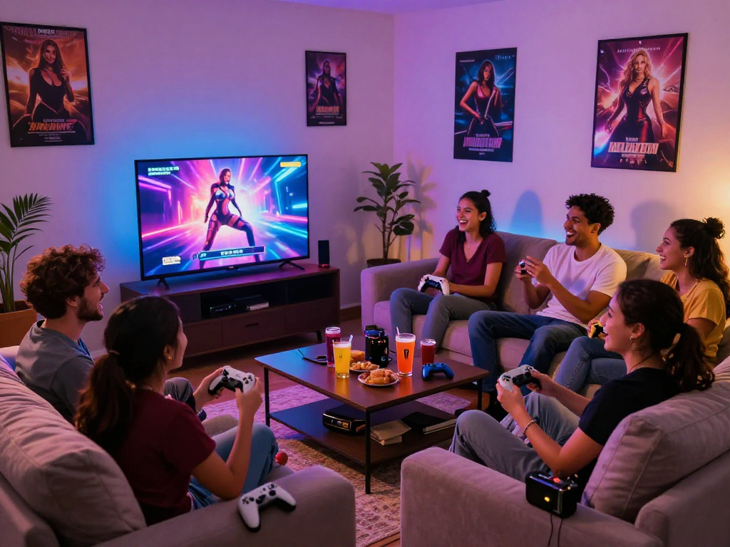 Friends enjoying real sex games together in a cozy living room setting.