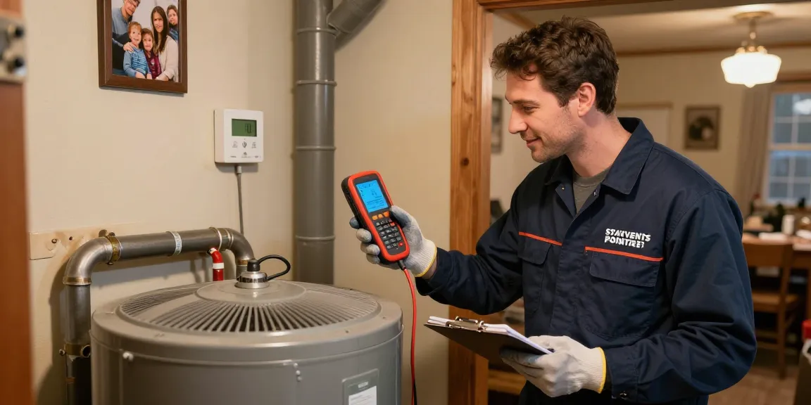 Friendly technician conducting furnace repair Stevens Point in a cozy home basement, ensuring family comfort.