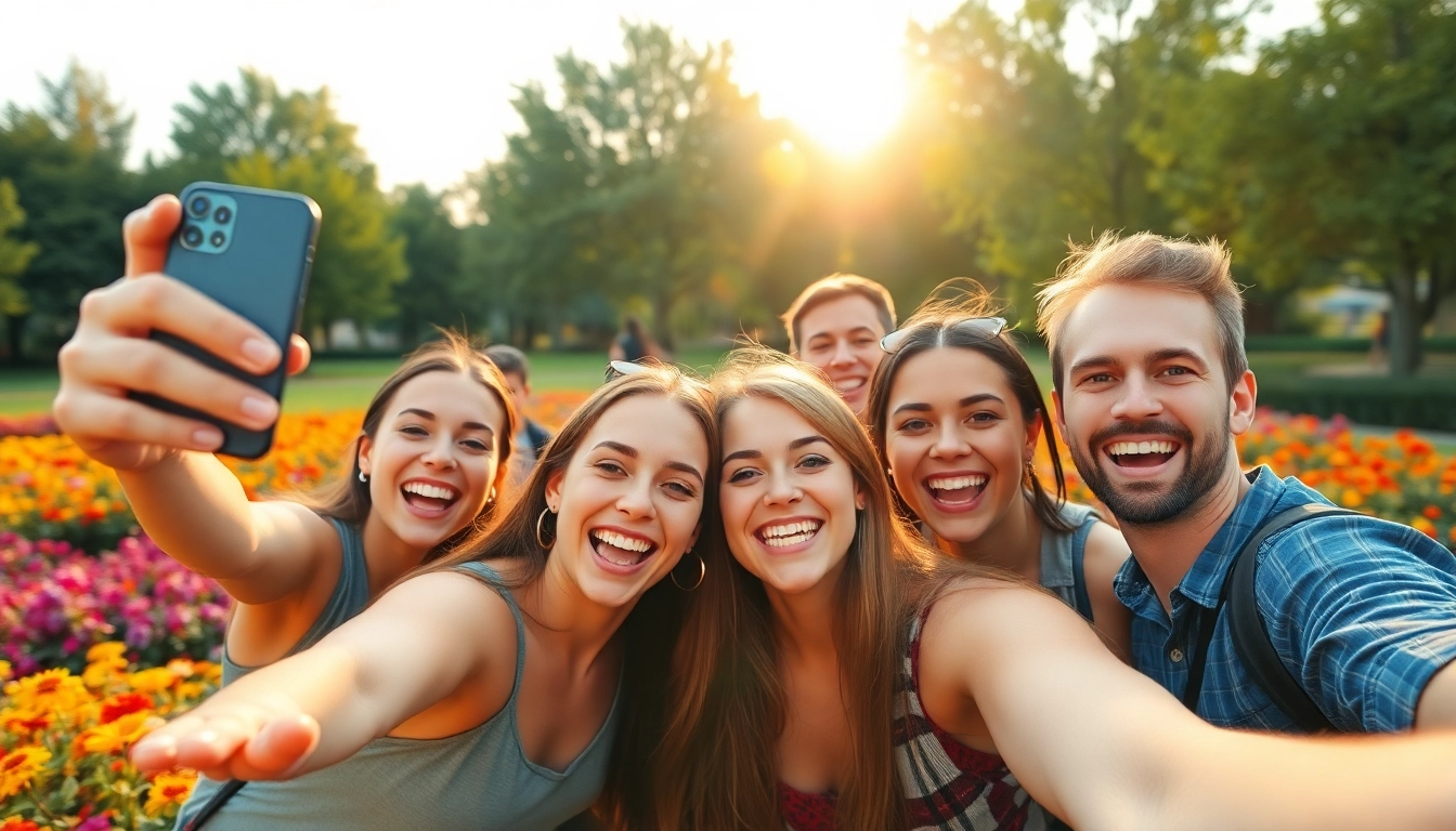 Friends capturing a joyful selfie, showcasing warmth and friendship in a vibrant park.