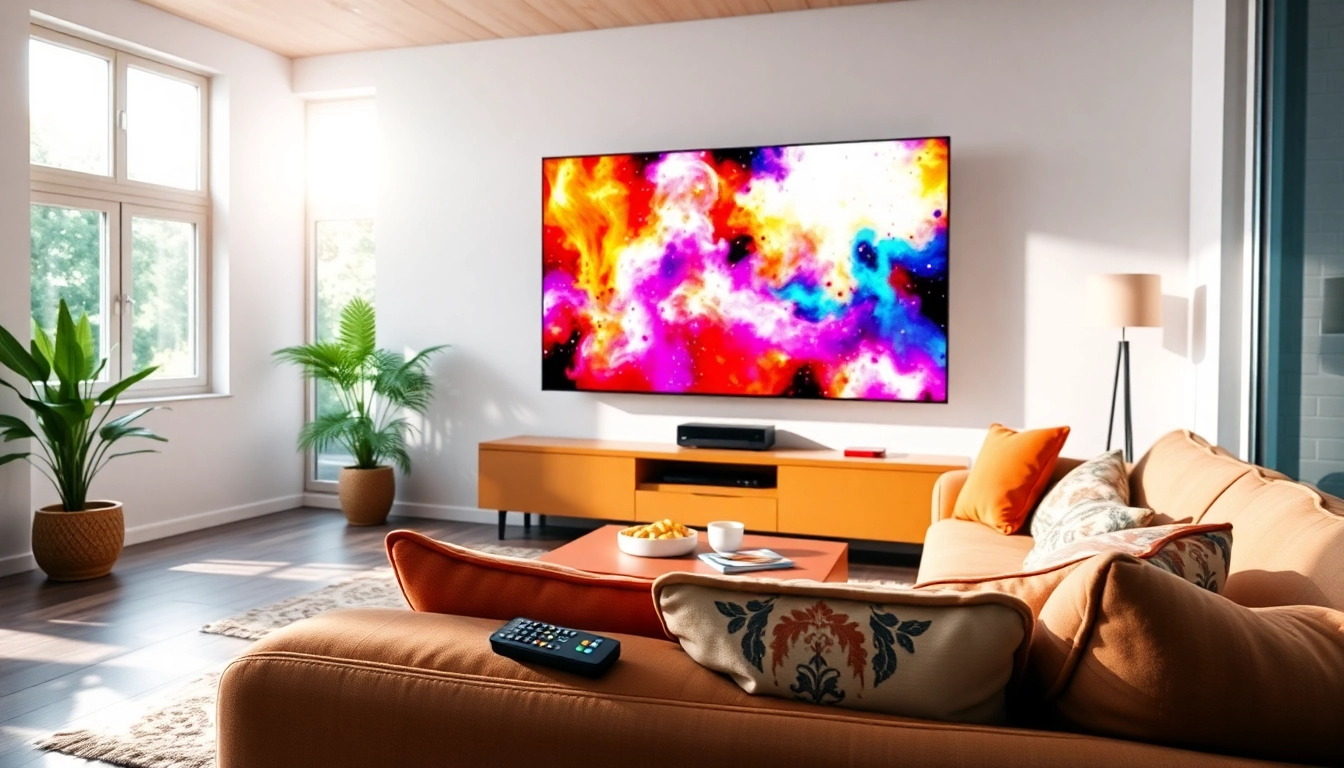 Enjoy free trial iptv on a vibrant TV in a cozy living room setting with bright colors.