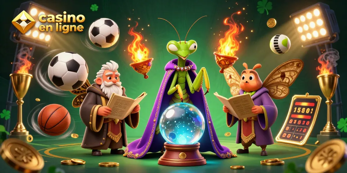 Profitez du casino en ligne avec une illustration animée dynamique de personnages mystiques et d'éléments sportifs.