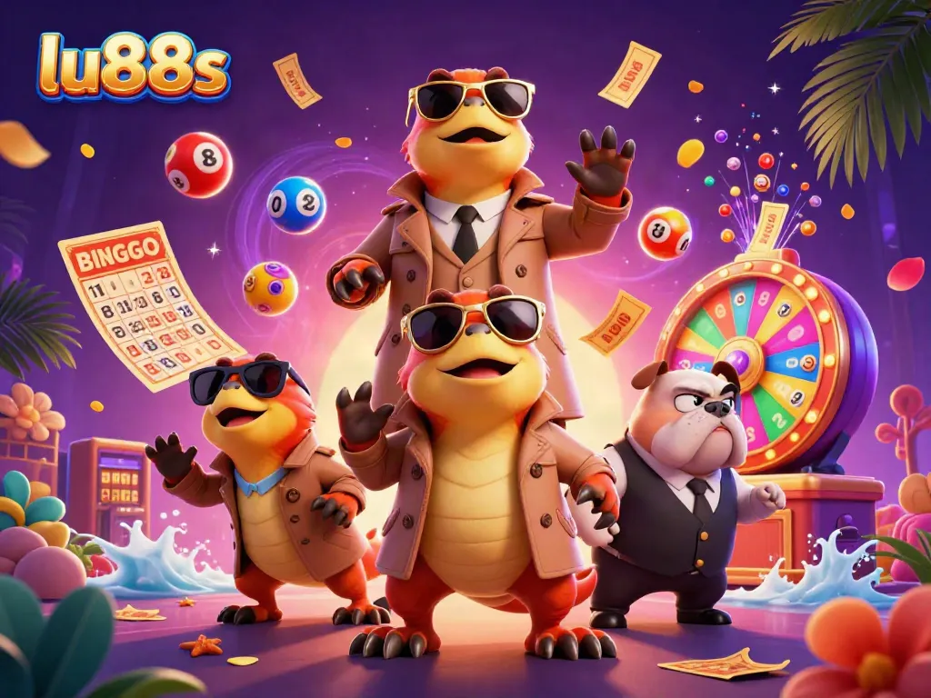Experience the excitement at lu88s with animated raptors and lottery elements in a vibrant casino scene.