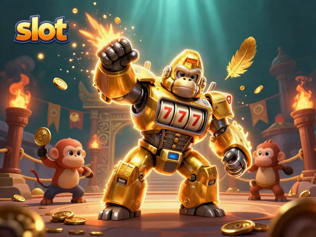 Join the thrilling slot action with a golden gorilla mech, showcasing its slot machine features and dynamic atmosphere.