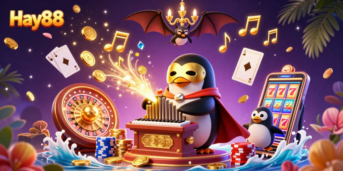 Experience thrilling gameplay at Hay88 as a masked penguin performs amidst golden coins and casino magic.