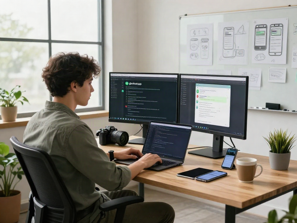 Developer coding on gbwhatsapp interface in a modern tech workspace.