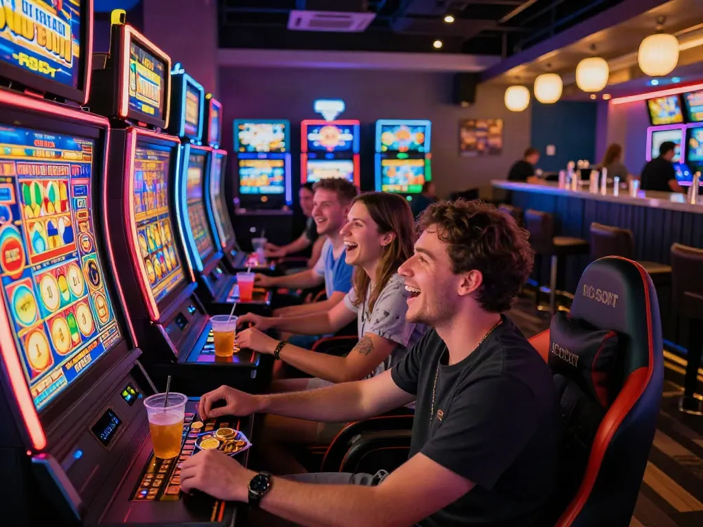 Friends enjoying slot gacor games at a vibrant gaming lounge, showcasing excitement and gaming atmosphere.