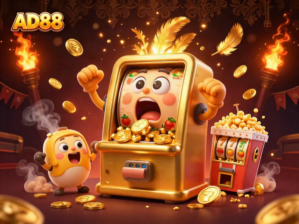 Win at AD88 with a vibrant 3D slot machine hitting the jackpot amidst gold coins and cheering companions.