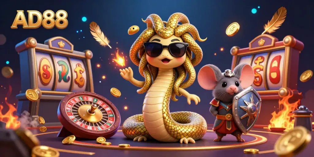 Experience the excitement of AD88 with a lively casino scene featuring Medusa and a warrior mouse.